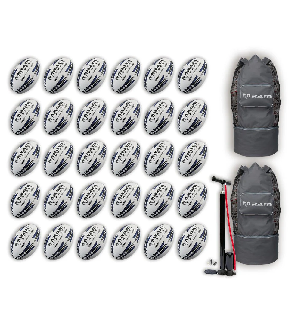 Ram Rugby Gripper 2.0 Pro Trainer Rugby Ball Bundle 30 Balls 2 Bags