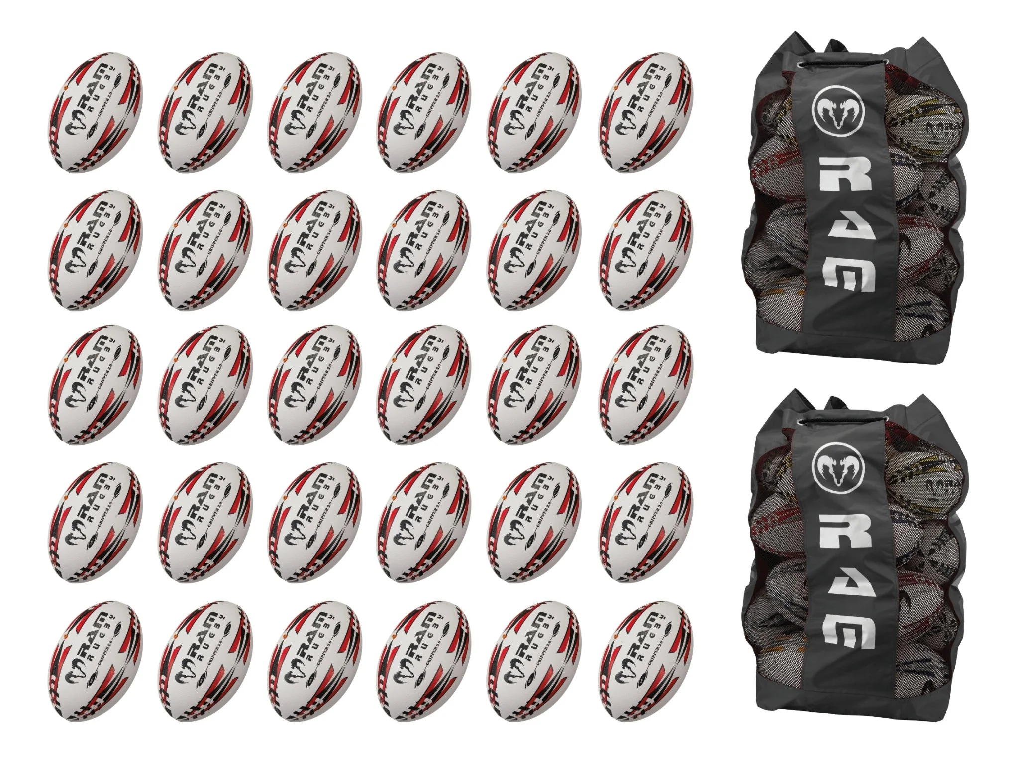 Ram Rugby Gripper 2.0 Pro Trainer Rugby Ball Bundle 30 Balls 2 Bags