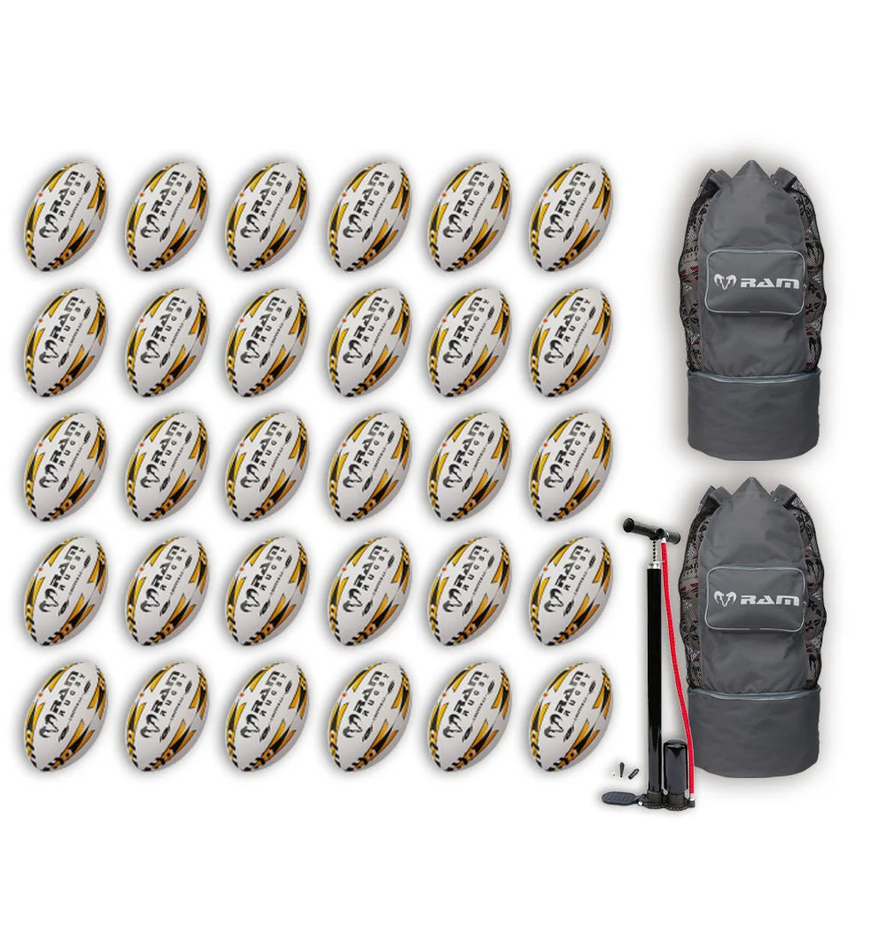 Ram Rugby Gripper 2.0 Pro Trainer Rugby Ball Bundle 30 Balls 2 Bags