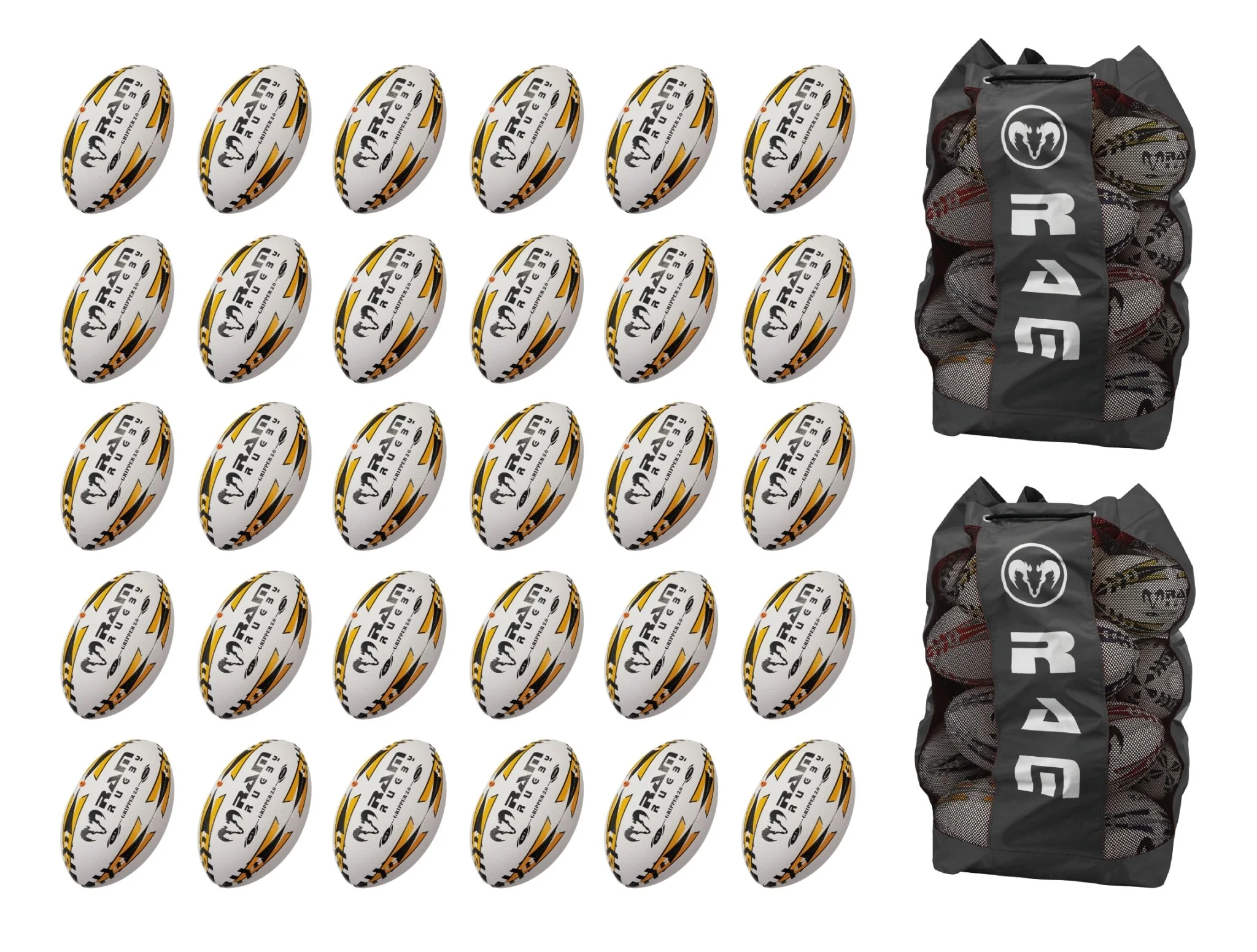 Ram Rugby Gripper 2.0 Pro Trainer Rugby Ball Bundle 30 Balls 2 Bags