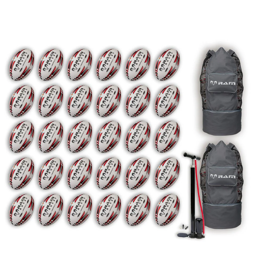 Ram Rugby Gripper 2.0 Pro Trainer Rugby Ball Bundle 30 Balls 2 Bags