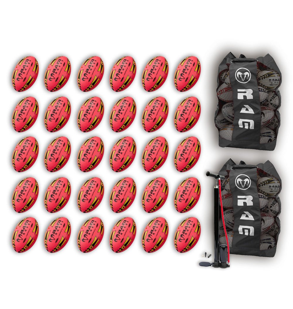 Ram Rugby Gripper 2.0 Pro Trainer Neon Pink Ball Bundle showing 30 size 5 rugby balls stacked with two breathable storage bags