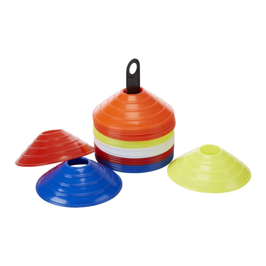 Set of 50 Ram Rugby durable 40g marker cones in five colors with stand for club training and rugby coaching drills