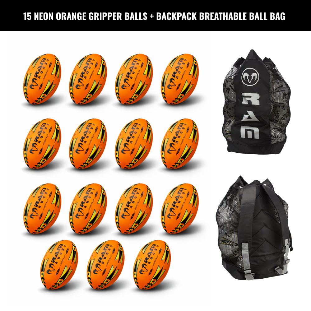 Ram Rugby Gripper 2.0 Pro Trainer Neon Ball Bundle 15 Balls with 1 Bag
