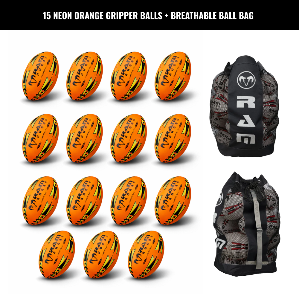 Ram Rugby Gripper 2.0 Pro Trainer Neon Ball Bundle 15 Balls with 1 Bag