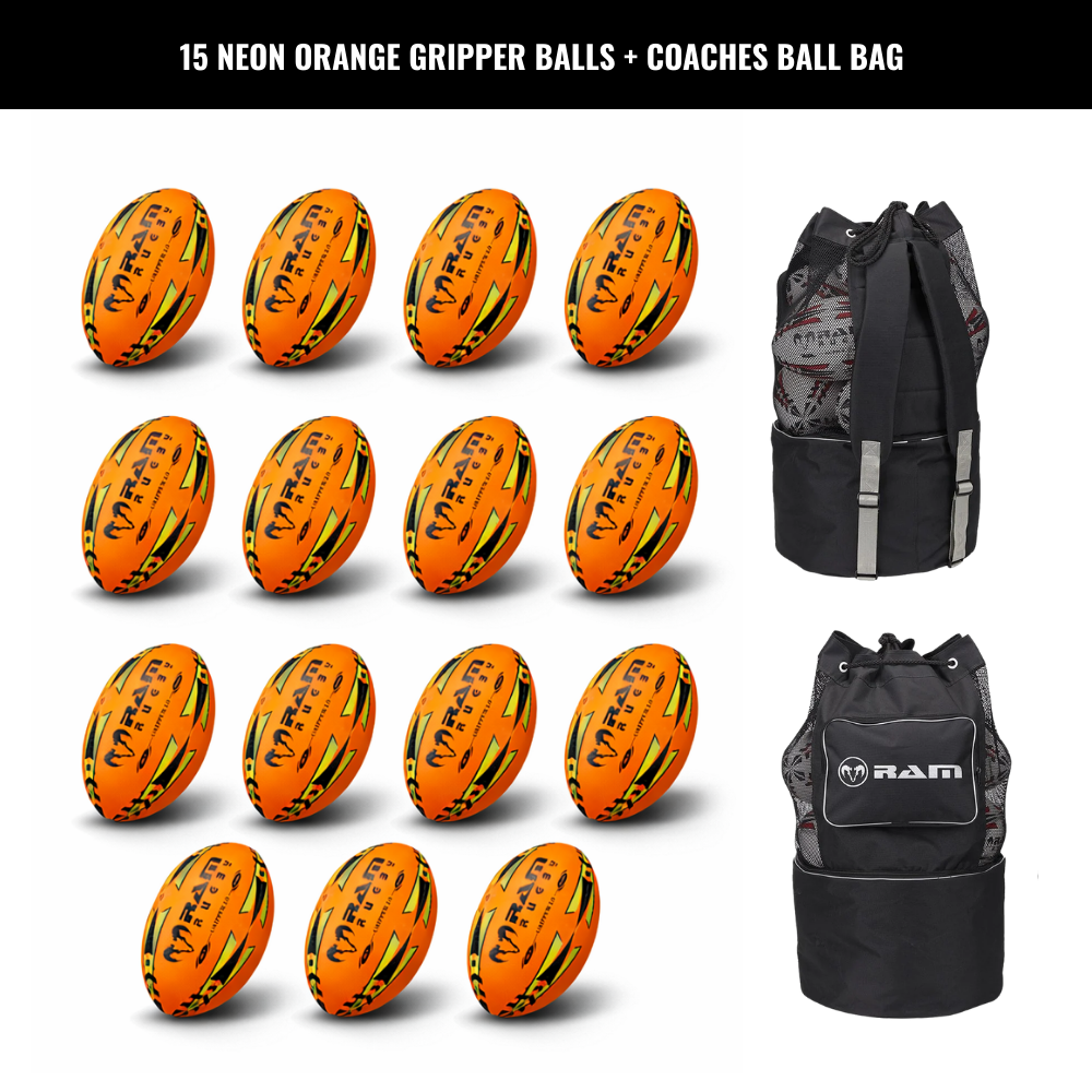 Ram Rugby Gripper 2.0 Pro Trainer Neon Ball Bundle 15 Balls with 1 Bag