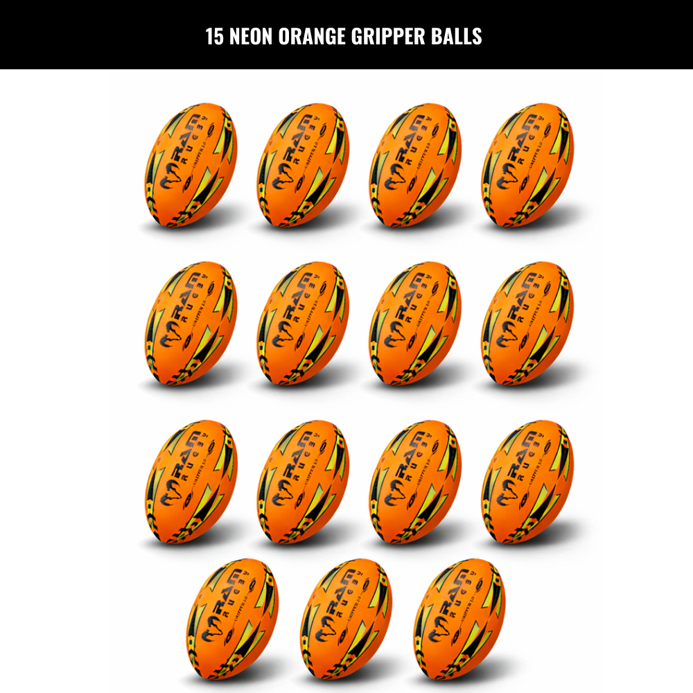 Ram Rugby Gripper 2.0 Pro Trainer Neon Ball Bundle 15 Balls with 1 Bag