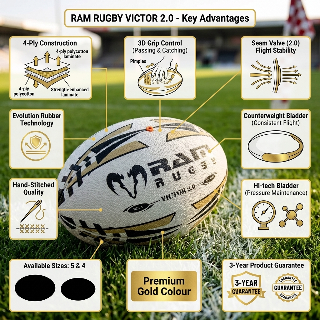 Ram Rugby Victor 2.0 Elite Match Rugby Ball Durable Flight Stability