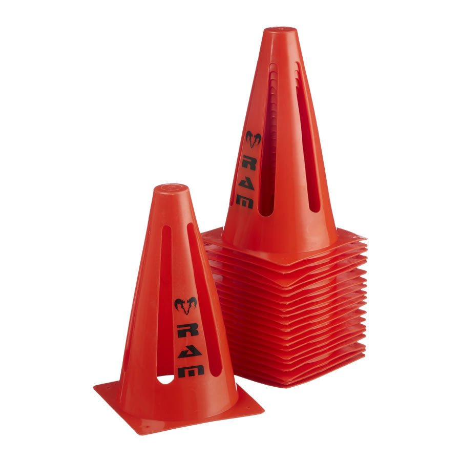 Set of 20 bright red Ram Rugby pop-up training marker cones, 23 cm high, for rugby drills and agility exercises.