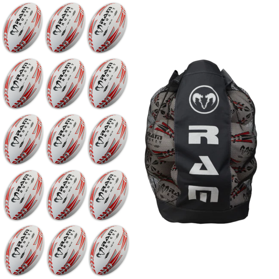 Ram Rugby Squad Trainer Ball Bundle 15 Balls with Breathable Bag