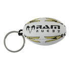 Ram Rugby rubber mini rugby ball keyring in black and gold, 5cm size, durable promotional gift for rugby fans.