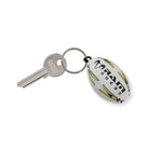 Black and gold Ram Rugby 5cm rubber mini rugby ball keyring with cotton fill, ideal promotional gift for rugby fans