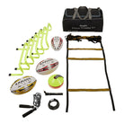 Ram Rugby Fitness Training Set with Size 5 balls, mini pump, kicking tee, 23cm hurdles, and 4m agility ladder