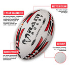 Ram Rugby Skills Ball Bundle displaying five red Size 5 Gripper Pro Trainer rugby balls with carrying backpack and kicking tee.
