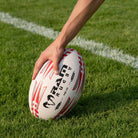 Ram Rugby Squad Trainer Ball in white and red, durable 3-ply polycotton rugby training ball with 3D grip for all ages