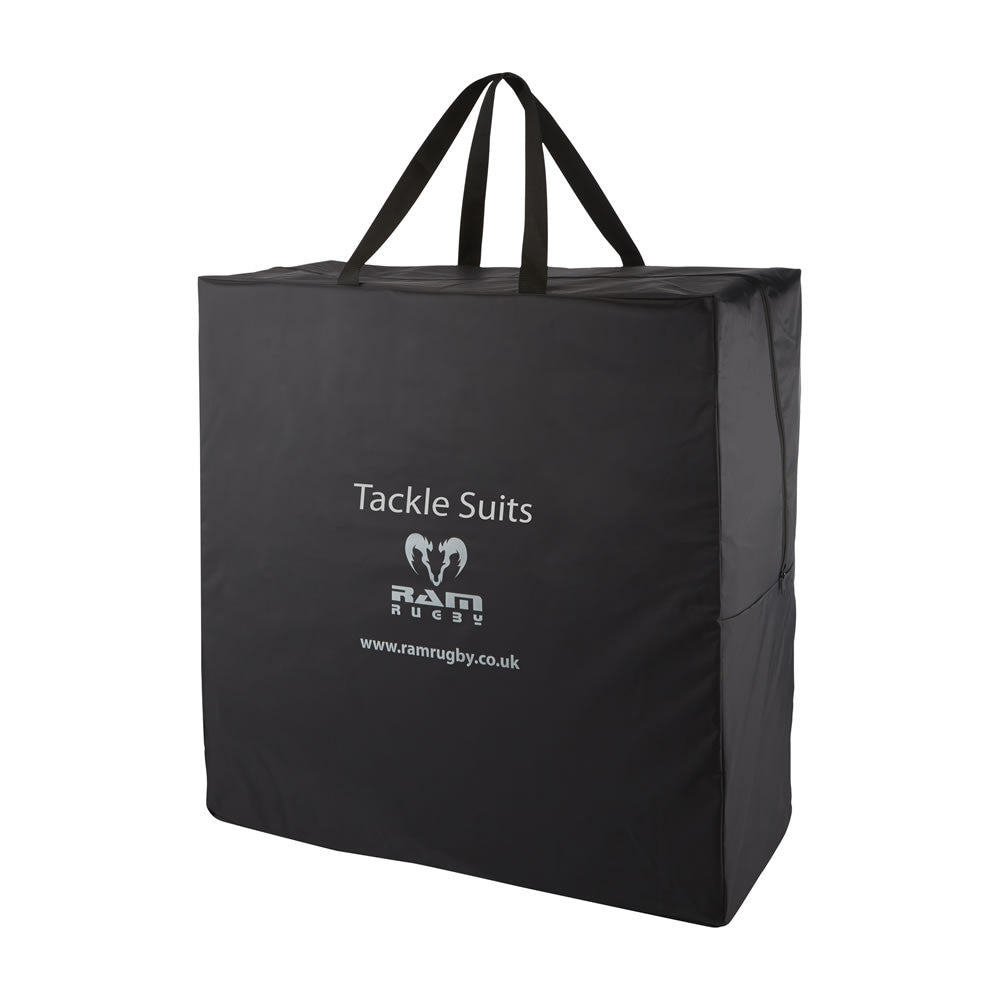 Ram Rugby Tackle Suit Carry Bag in durable black fabric, designed to store up to 6 contact tops with sturdy handles