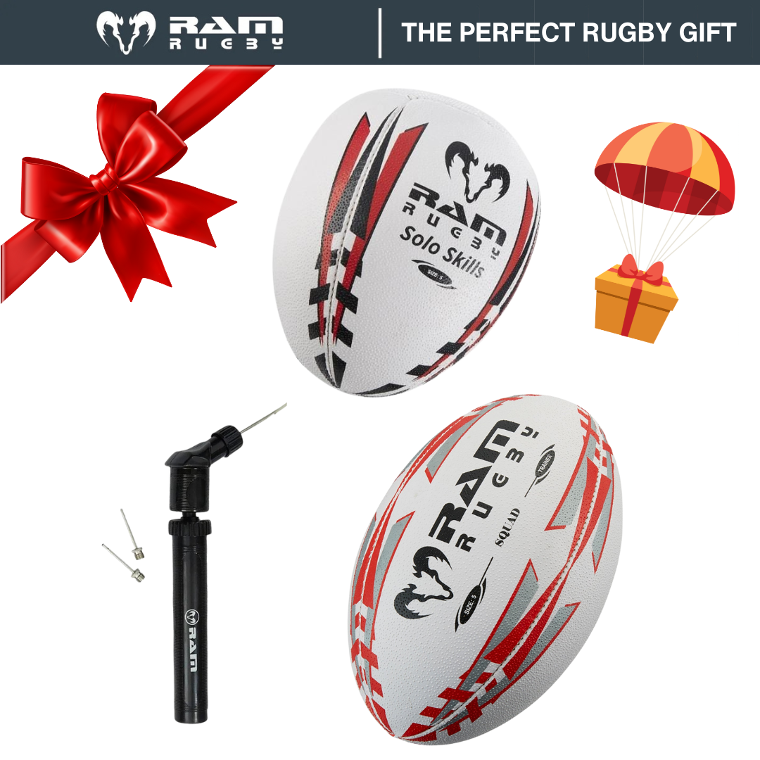 Set regalo RAM Rugby – Pallone da allenamento Squad + Pallone tecnico Solo + Mini pompa – Misura 3, 4 o 5 – Grip 3D