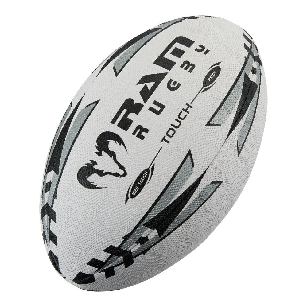 Ram Rugby Touch Match Rugby Ball in white and yellow with textured grip, designed for tag and touch rugby play